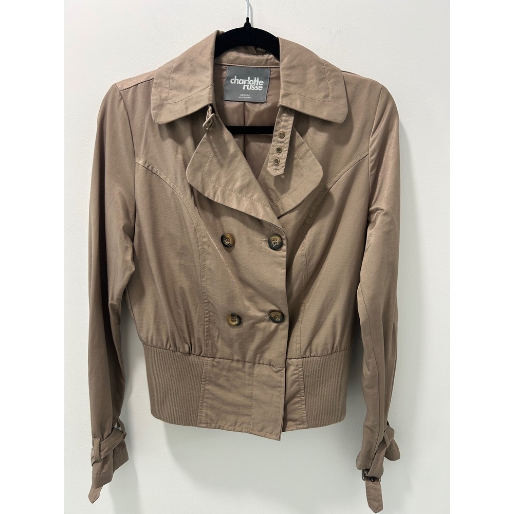 Charlotte Russe Tan Cropped Double Breasted Trench Bomber Jacket Womens Medium